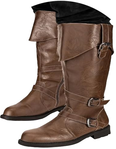 Generisch 2025 Botines Mujer Botas medievales para hombre Botas de cosplay, hasta la pantorrilla, tacón bajo, botines para fiestas de disfraces de Halloween y actuaciones, café, 44 EU