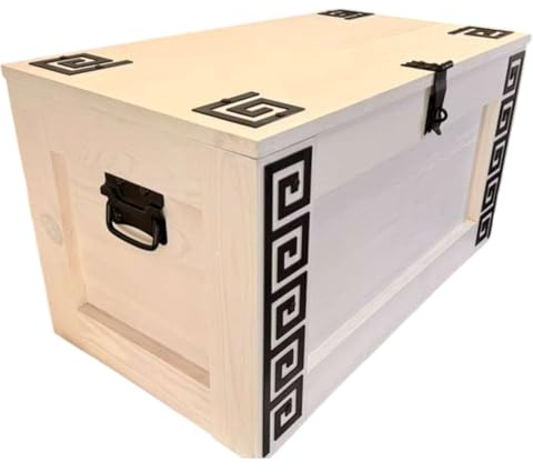 weeco Baúl de madera con ruedas, diseño griego con ruedas, 80 x 47 x 45 cm, mesa de café, cofre del tesoro, mesa auxiliar, tapa plegable y espacio de almacenamiento, mueble de madera, caja de juguetes