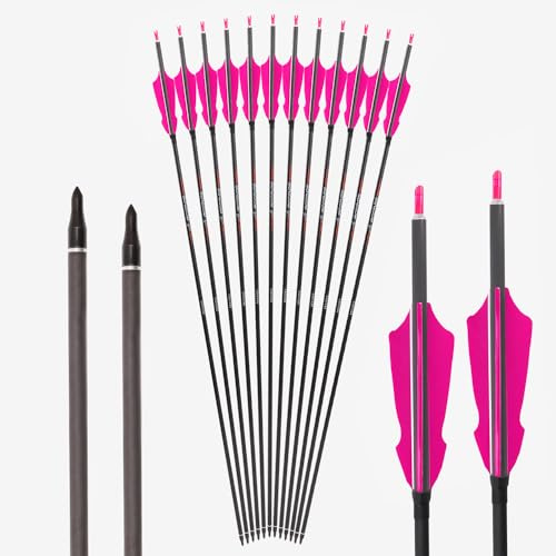 PHILOCS 12 Stück Rosa Widerhaken Feder Jagdpfeile ID 6,2 mm Spine 200 250 300 350 400 500 600 700 800 Pfeil aus Reinem-Carbon, für Bogenschießen