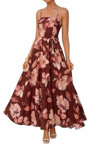ZESICA Women's Summer Floral Maxi Dresses 2026 Sleeveless Spaghetti Straps A Line Flowy Wedding Guest Sundress with Belt Rust Medium