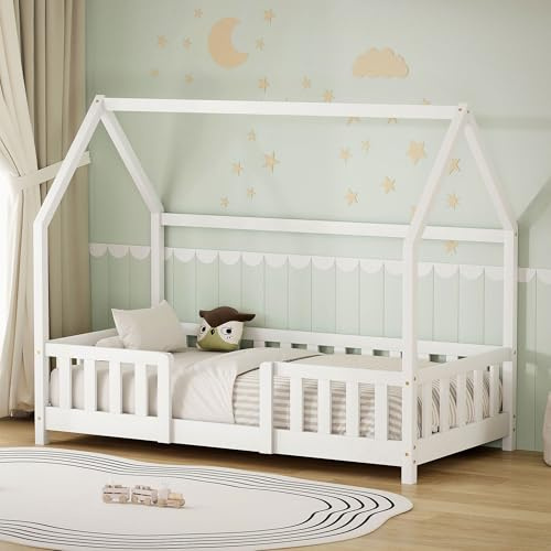 ML-Design Barnsäng 80x160 cm med fallskydd Montessori hussäng och ribbotten i massivt furu Vit stabil säker låg säng för barnrum flickor pojkar trä sängram med tak ungdomssäng enkelsäng