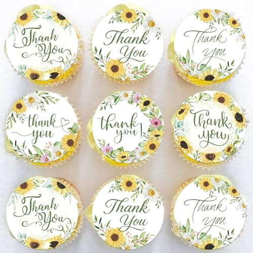 SYKYCTCY 60 Pack Edible Thank You Sunflower Cupcake Toppers Wafer Paper Floral Thank You Cupcake Picks for Birthday Anniversary Thanksgiving Day Wedding Bridal Party Cake Decoration Supplies