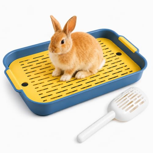 Large Rabbit Litter Tray with Sand Scoop, 36.5x24.5x4.9cm Bunny Litter Box | 2 Tier Flat Rectangular Toilet with Grid, Small Animal Potty Trainer for Rabbit, Guinea Pig & Kitten (Blue)