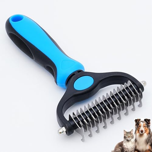 Outil de toilettage Pet Pro, râteau de sous-poil double face pour chiens et chats, brosse de deshedding professionnelle et outil de dématage pour fourrure à poils longs et courts (Bleu,L)