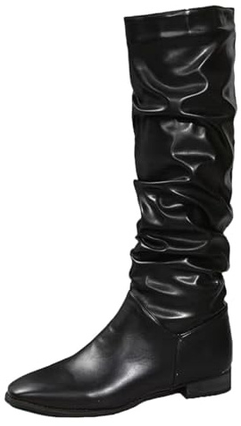 Damer fashionabla enfärgade veckade spetsiga tåparti platta långa stövlar Mid Calf Boots
