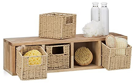 Relaxdays Wandregal Walnuss 4 herausnehmbare Körbe, natürliches Design, zur Wandmontage, 4 Fächer, natur