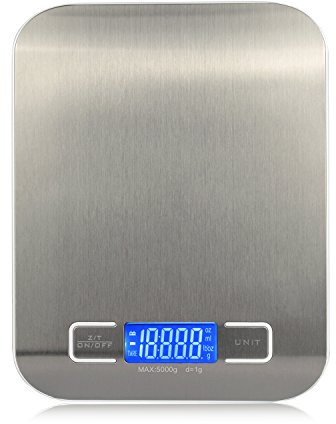 MUHWA Balance de Cuisine Electronique, 5kg/1g, Multifonctionnel Balance de Cuisine Précision, Balance de Précision Digital, Balance Alimentaire Tactile Sensible, Bleu LCD Rétroéclairé