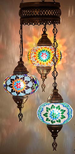 DEMMEX Lampadario Turco a Sospensione 3 Luci con Globo in Vetro a Mosaico – Stile Marocchino/Boho, Fatto a Mano (Personalizzabile)