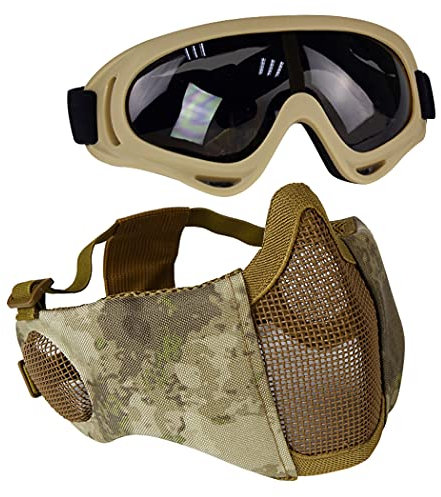 Airsoft Protective Gear Set, Half Face Mesh Masks with Ear Protection and Goggles Set for CS/Hunting/Paintball/Shooting (AT)