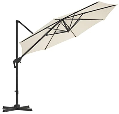 SONGMICS Ampelschirm, Sonnenschirm Ø 300 cm, UV-Schutz bis UPF 50+, um 360° drehbar, Balkonschirm, Neigungswinkel verstellbar, mit Kurbel zum Öffnen und Schließen, mit Ständer, beige GPU35BR