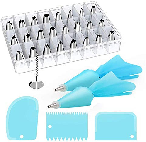 MYCreator Spritztüllen-Set, 32-teilig, Edelstahl, für Kuchen und Cupcakes, mit 2 Spritzbeutel, 1 Blumennägel, 2 Kuchenschaber und 1 Spatel, Backzubehör