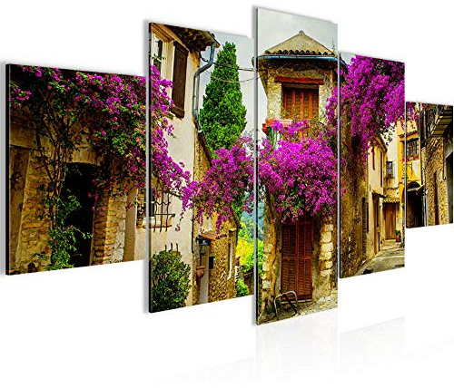 Runa Art Bild Wohnzimmer Schlafzimmer Blumen Toskana 5 Teilig Italienische Gasse Flieder Wandbilder auf Vlies Leinwand 607753b