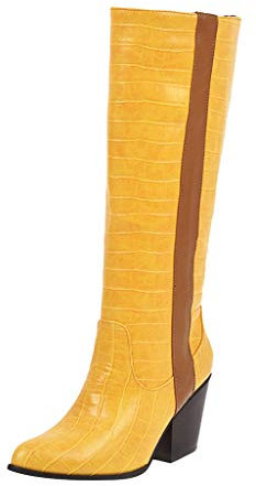 Yowablo Stiefel Damen Schuhe Pointed-Toe Stone Pattern Square High Fashion High-Tube Boot (38,Gelb)