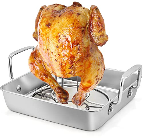 TeamFar Beer Can Chicken Holder, Stainless Steel Roasting Drip Pan with Vertical Rack Stand for Grill Oven Smoker, Healthy & Heavy Duty, Easy Clean & Dishwasher Safe (1 Pan + 1 Rack)