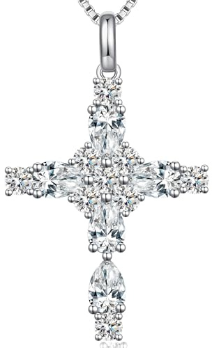 jiamiaoi 18K Weißgold platte Brillant Kreuz Kette Damen mit Funkelnd Bernstein Kreuz Anhänger,Rose Kette