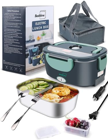 Buddew Electric Heated Lunch Box, 80W Fast Heating, 1.5L Food-Grade 304 Stainless Steel, 12V/24V/110V Portable Food Warmer for Car Truck Office Adults, Lonchera Electrica Portatil (Green)