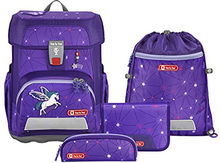 Step by Step Schulranzen-Set CLOUD Dreamy Pegasus Shadow, 5-teilig, lila, Pegasus-Design, ergonomischer Tornister mit Reflektoren, höhenverstellbar mit Hüftgurt, für die 1. bis 4. Klasse, 19L