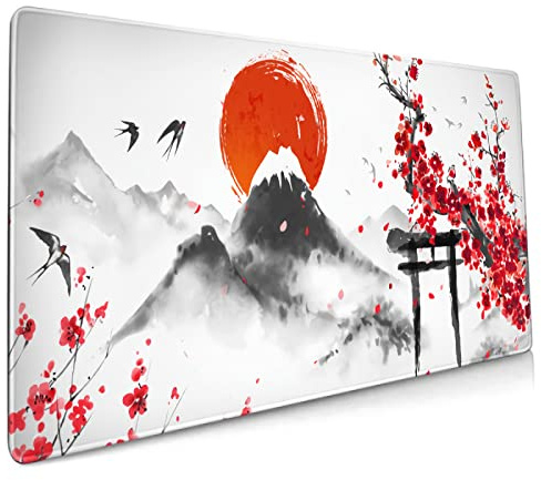 Tapis de souris japonais aquarelle 90 x 40 cm XXL style encre art Sakura fleur de cerisier rose grand tapis de souris étendu pour bureau complet base en caoutchouc antidérapant tapis de clavier avec