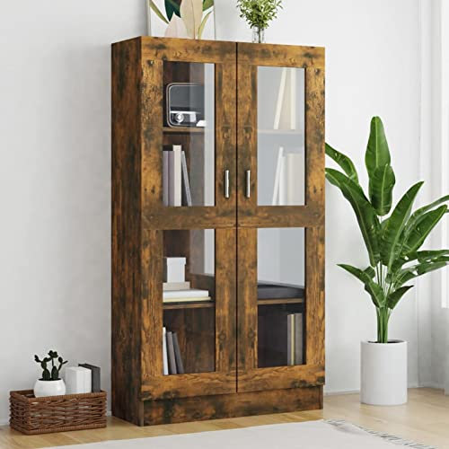 Gecheer Vitrinenschrank Bücherschrank Aktenschrank Büroschrank Vitrine Schrank Bücherregal Standvitrine Holzwerkstoff Räuchereiche 82,5x30,5x150 cm