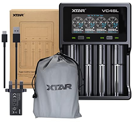 XTAR VC4SL Charger with UK QC3.0 Adapter Upgraded from XTAR VC4S 18650 18700 26650 21700 1.2V AA AAA charger Test Battery Real Capacity