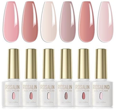 ROSALIND Esmaltes Semipermanentes para Uñas Jelly Rosa Rosa Claro Color Avena 6 Colores Gel Translúcido Clásico Kit Pintauñas Semipermanentes Uñas de Gel UV LED