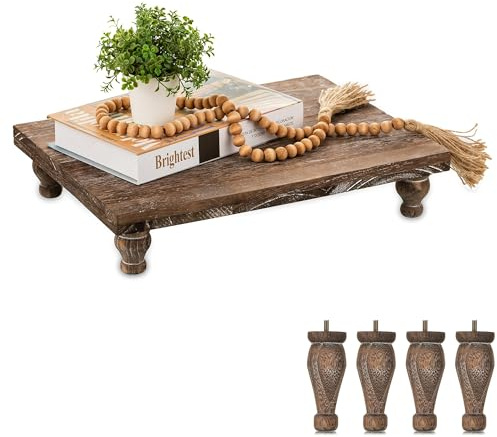 Hanobe Dekoratives Tablett aus Holz: Bauernhaus-Holzständer, rustikales braunes Tablett, Erhöhung für Café, Bar, Küche, Esszimmer, Zuhause, Tischdekoration, kurzer und hoher Fuß
