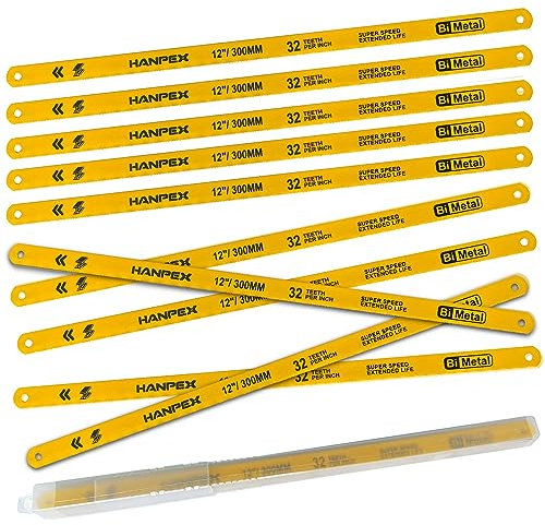 Hanpex 300mm Hacksaw Replacement Blades (10 Pack) High Speed 32 TPI - 12 Length Hack Saw Blade - Bi-Metal HSS Cutting Blades