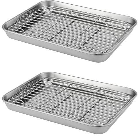 ZOENHOU Set di 2 teglie da forno antiaderenti in acciaio inox con griglia di raffreddamento, rettangolari per servire biscotti, teglia da forno, lavabile in lavastoviglie
