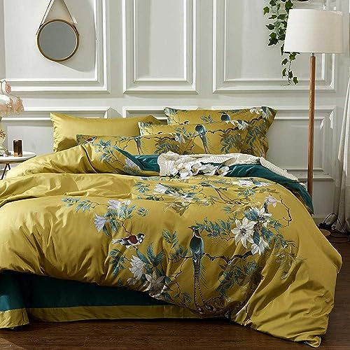 AShanlan Bettwäsche 155x220 Gold Grün Blumen Vögel Muster Bettbezug Microfaser Floral Deckenbezug Wendebettwäsche Set mit Reißverschluss und Kissenbezug 80x80 cm