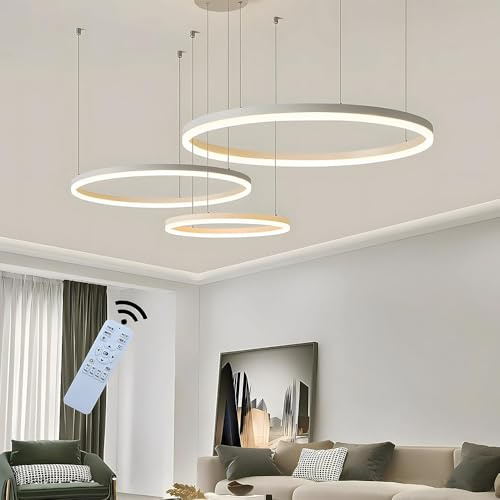 LIUYU Pendelleuchte 3 Ringe Weiß dimmbar 40/60/80cm 106W | LED Pendelleuchte, 3 Ringe, gleichmäßiges Licht. Farbtemp. & Höhe (150 cm) einstellbar, Memory, Alu-Acryl