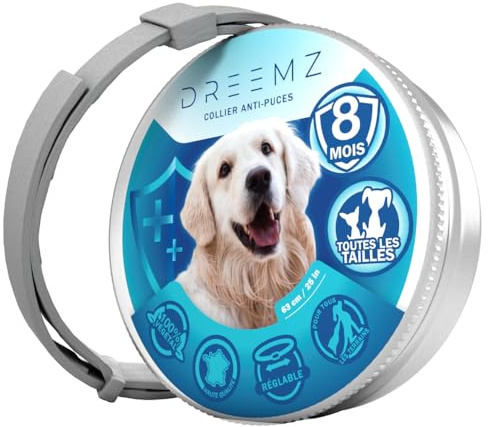 DREEMZ® Collier Anti Puces pour Chien - Collier Anti Puce Chien - Anti Tiques Haute Qualité - 8 Mois de Protection - 63cm Réglable Toutes Tailles - 100% Naturel - Imperméable déperlant (1 unité)