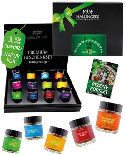 Hallingers Genuss Manufaktur Gewürz Jäger-Geschenk-Set - 12 Gewürze aus aller Welt in wertiger Geschenkbox mit Rezept-Booklet Waidmannsheil XL, Jagd-Geschenkidee für Jäger