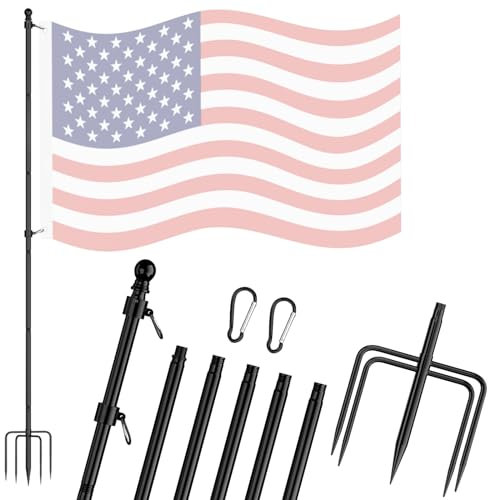 FIASON 2,4 m langer Edelstahl-Fahnenmast im Boden mit 5 Zinken, Fahnenmast für amerikanische Flaggen, Außenhaus, Bodenflaggenmast oder kommerzielle Flaggenmasten, Schwarz, 2,4 m