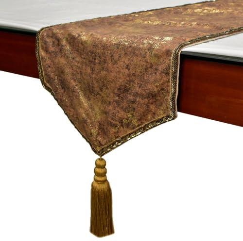 The HomeCentric Dekorativ Gold Tischläufer, 35 x 150 cm Wildleder Tischläufer, Folie, Quasten, Abstrakt Tischwäsche, Modern Hochzeitsdeko - Shimmer Fest Gold
