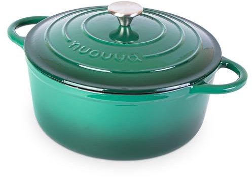 Cocotte en Fonte Émaillée – Casserole Faitout avec Couvercle, Antiadhésif, Marmite pour Induction et Four, 6.1 Liter – Vert Foncé – par Nuovva