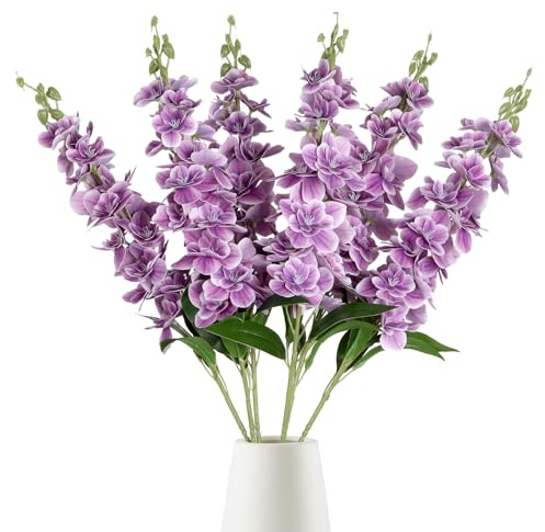 IPOPU Künstliche Ritterspornblumen, 6 Stück Seidenlöckchen, Hyazinthe, künstliche Blumen für hohe Vasen, Hochzeit, Zuhause, Tischdekoration (lila)