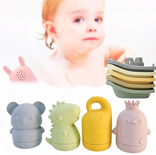 9 Stück Badewannenspielzeug, Badespielzeug Silikon Badewanne Spielzeug, Baby Badewannenspielzeug Spritztiere Boot Wasserspielzeug Geschenke für Babys Kleinkinder ab 0 Jahre 6 Monate 1 Jahr