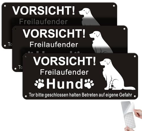 DAOUZL Achtung Hund Schilder, 3 Stück Freilaufender Hund Schild Metall, Schild Hund Warnung, Warnschild Hund Aluminium mit Selbstklebend und Vorgebohrten Löchern, 25x 10cm, Innen/Außen (3)
