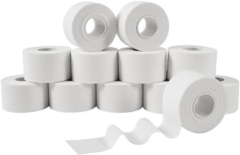 Vendaje deportivo - 3.8cm x 10m (12 Rolls) – Cinta deportiva adhesiva color blanco para tobillo, muñeca, rodilla y pie, Sport tape para todos los deportes Bat, levantadores, escaladores y boxeo