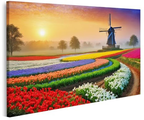 islandburner Bild auf Leinwand Landschaftsbild bunter Tulpenfelder Windmühle Sonnenaufgang traditioneller Himmel leuchtende Farben Bilder Wandbilder Poster