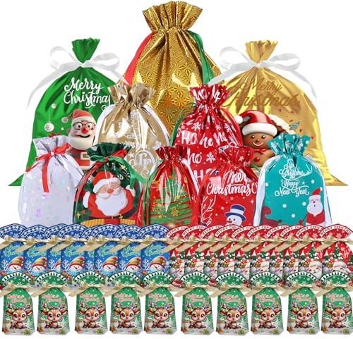 40 Stück Weihnachtsgeschenkbeutel mit Kordelzug, 13 Designs Weihnachtsbeutel, Groß Mittel Klein Zugbeutelgeschenktüten Beutel Folien Tüten für Geschenke Süßigkeiten und Partygeschenke Verpackungen