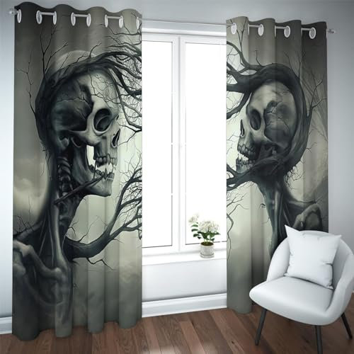 Deertweet Home Halloween-Verdunkelungsvorhänge gruselige Totenkopf-Fenstervorhänge für Schlafzimmer Wohnzimmer Abstraktes Baummuster Verdunkelung Sichtschutzvorhänge 2 Paneele H183xB168