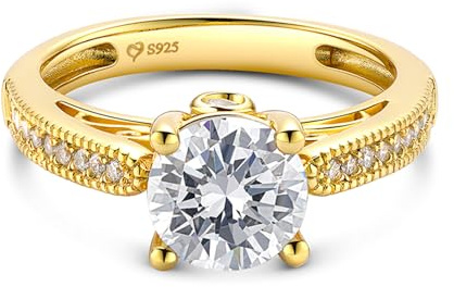Jeulia klassischer Moissanit Diamant Ring Sterlingsilberring Engagement Versprechen Jubiläum Bandringe mit Rundschliff für Geburtstage, Weihnachten, Valentinstag (Gelbes Gold, 53(16.9))