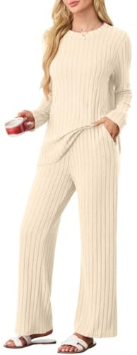 PrinStory - Set di pigiama donna a righe, abbigliamento casual da salotto, set con top a maniche lunghe e pantaloni da pigiama con tasche, Beige, XL