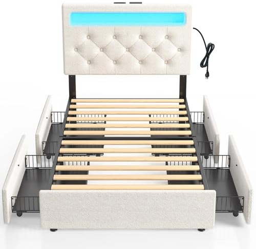 Rolanstar Twin Bed Frame with 4 Storage Drawers and Charging Station,Twin Bed with Led Lights, 2 USB & 1 Type C, Adjustable Headboard 38.9/40.8 Inches, No Box Spring Needed, White