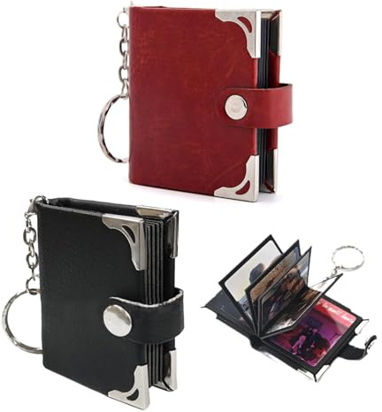 Sonwaha Mini Fotoalbum Schlüsselanhänger mit Foto Album Klein Leder-Album Mini Fotoalbum Schwarz Schlüsselanhänger Bild DIY (rötlich schwarz)