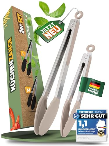 KNUSPERLIEBE® 2X Premium-Küchenzangen aus Edelstahl, ergonomische Kochzange mit Silikonspitze, 33cm & 26cm Lange Zangen, Grillzange, BPA-FREI, hitzefest, spülmaschinengeeignet, mit Verriegelung