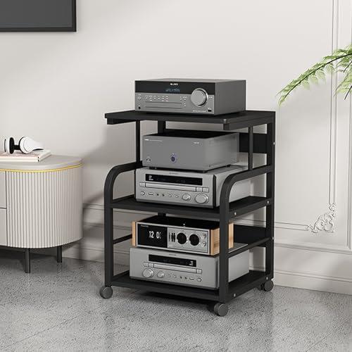 STCERY TV Rack HiFi Regal Audio Schrank, 3-stufiger HiFi Rack mit Rädern, Mehrschichtiges bodenstehendes Hi Fi Rack, Offene Ablagen, mit Aufbewahrung, für Wohnzimmer/Haus/Büro(Black,50cm/19.7in)