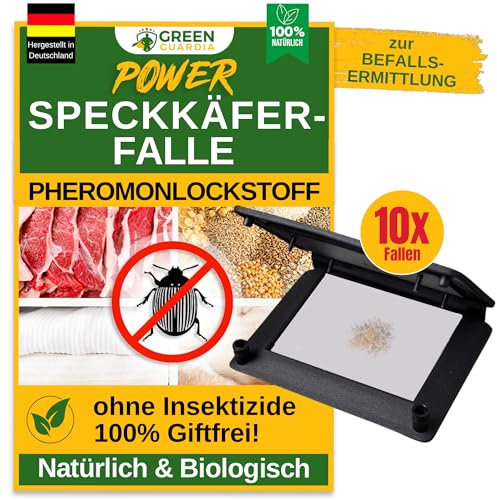 GREEN GUARDIA Speckkäfer Falle mit Pheromon-Lockstoff - 10x Fallen - umweltfreundlich Speckkäfer bekämpfen, Chemiefreie Pheromonfalle mit austauschbaren Klebeflächen, giftfrei und geruchsneutral