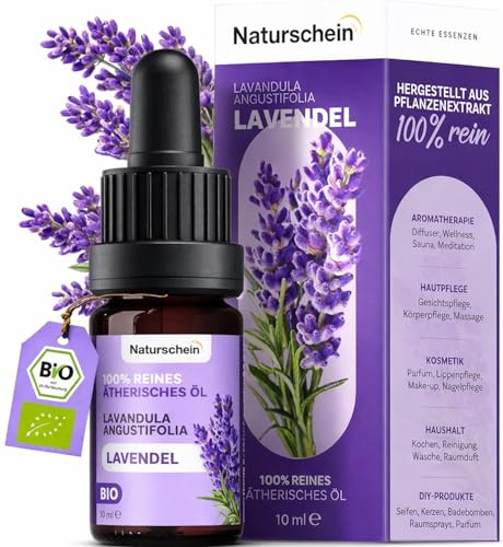 Naturschein BIO Lavendelöl 10ml [100% Naturrein] | Ätherisches Öl für Aromatherapie, Hautpflege & Küche | Lebensmittelqualität & Vielseitig Anwendbar (Lavandula Angustifolia)